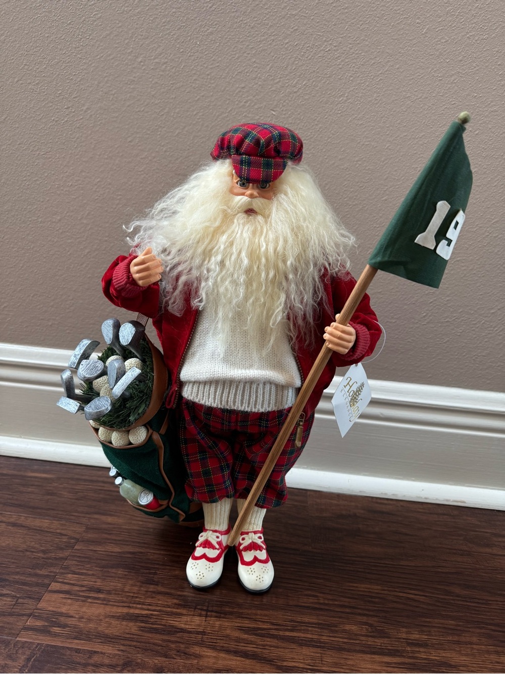 Festive Plaid Santa Golfer Holiday Figurine in Red and Green